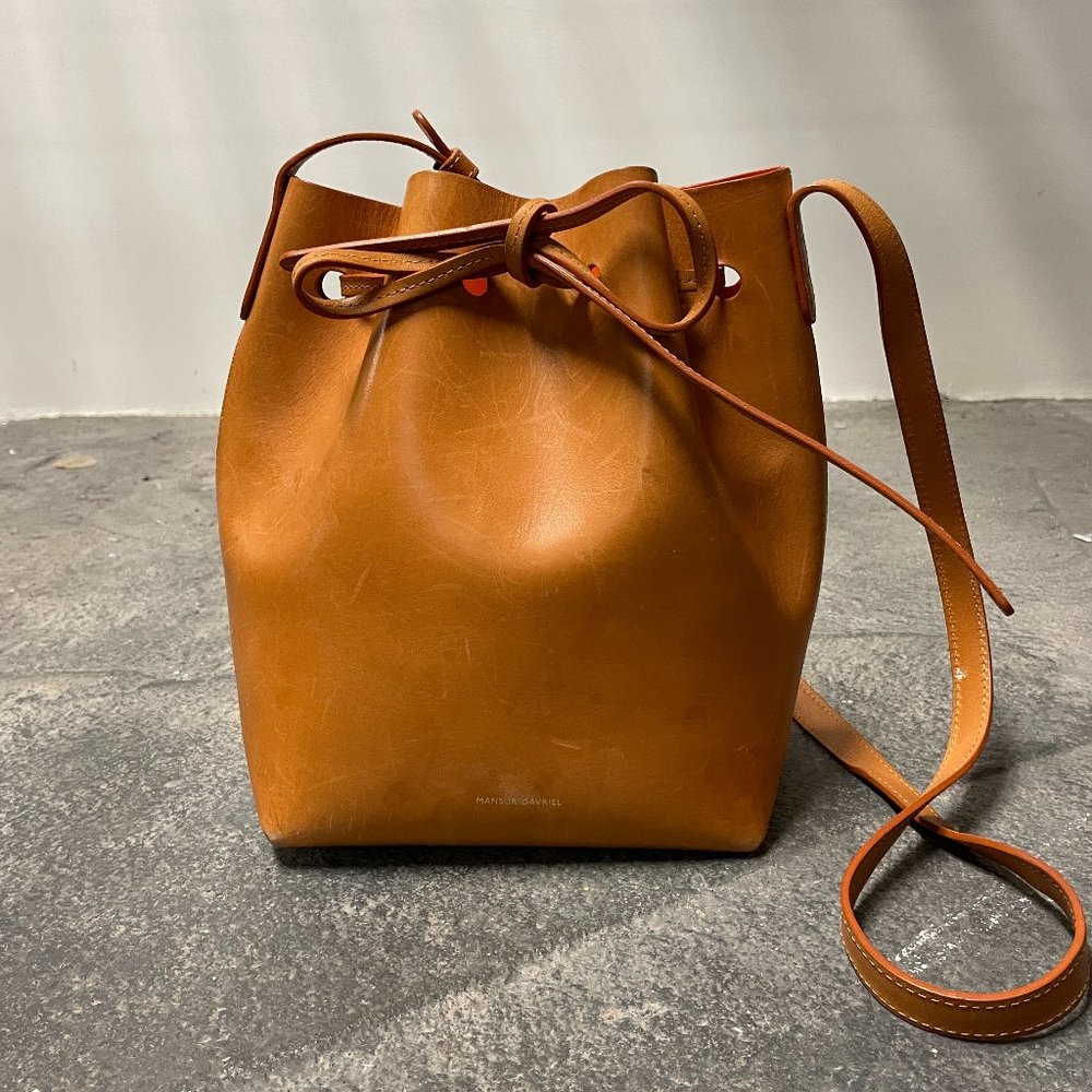 Mansur Gavriel Mini Bucket Bag, tan and orange